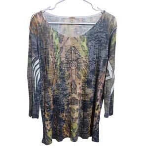 Reba Womens Top Embellished Studded Cross Blouse Plus Size 1x Soft y2k boho(929)